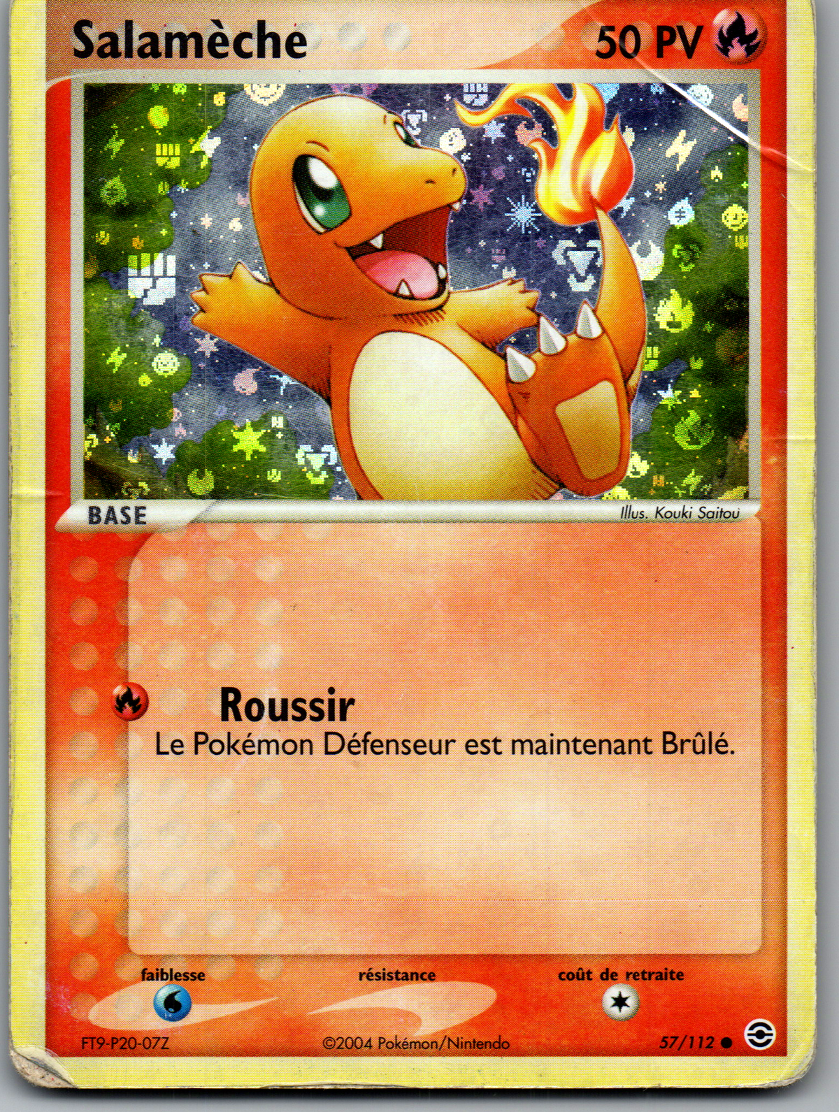 Salamèche 57/112 Holo français, recto avec pli et usure visibles