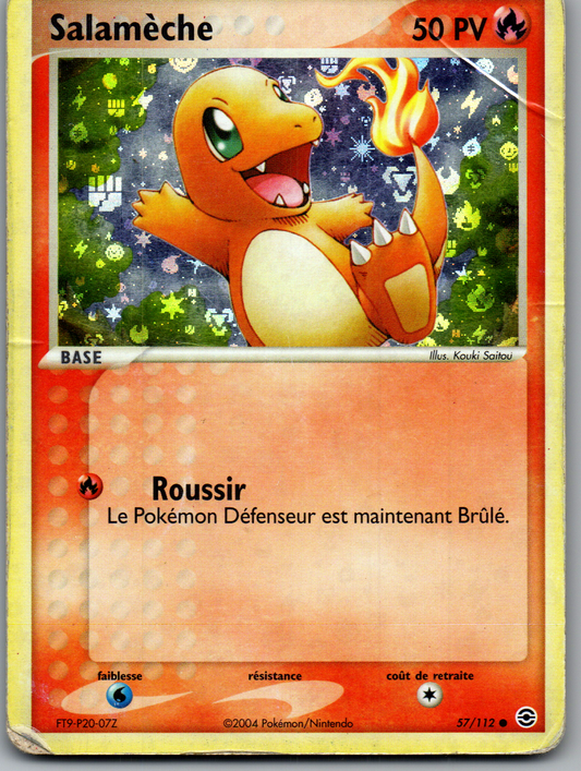 Salamèche 57/112 Holo français, recto avec pli et usure visibles